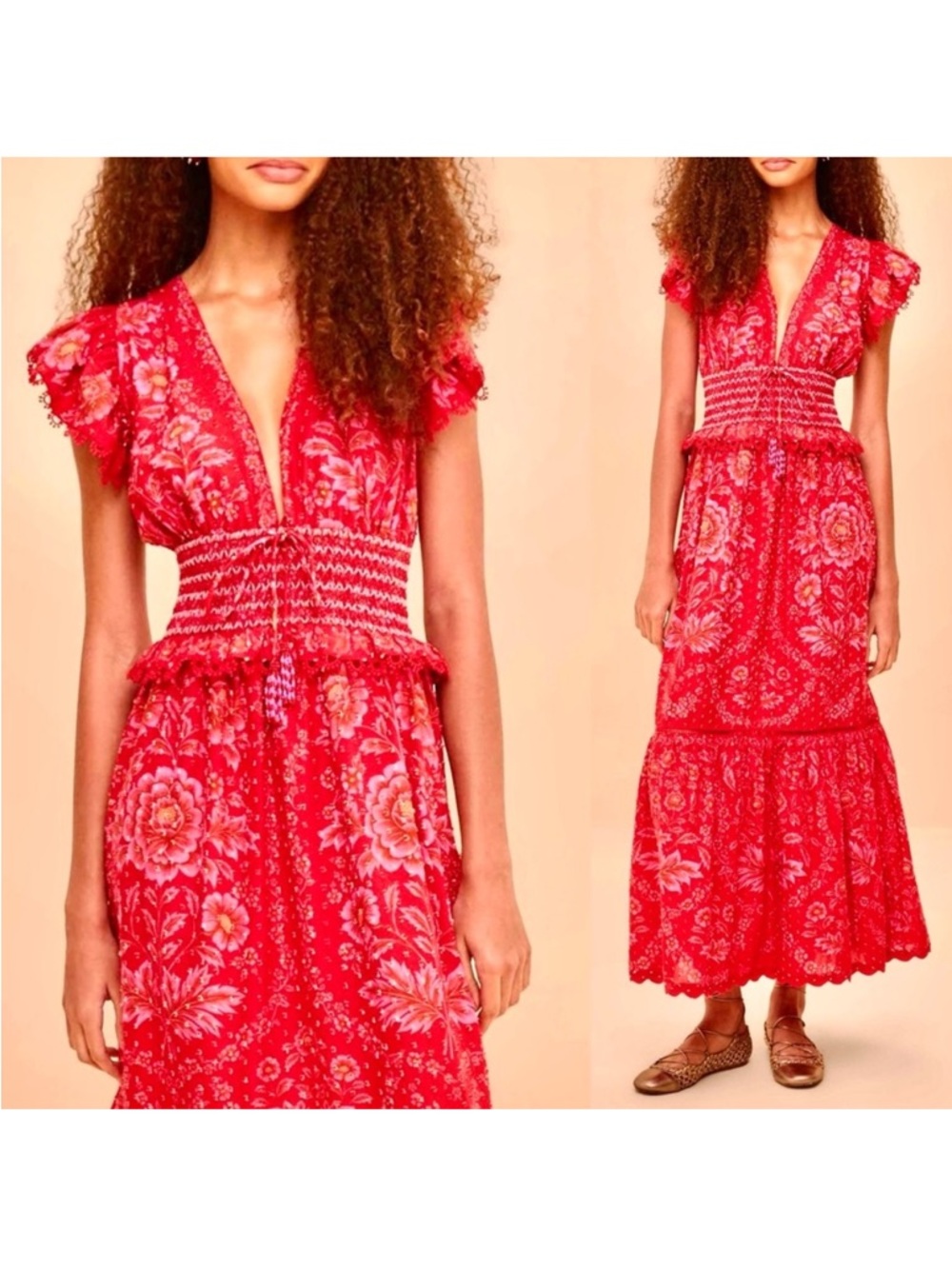 Farm Rio Olivia Dress. Red Floral V-Neck Smocked Waist Maxi Dress. New with tag.